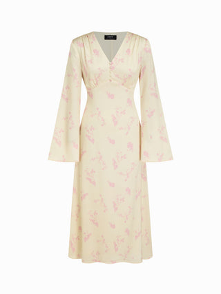 Satin V-neck Floral Lace Up Bell Sleeve Maxi Dress