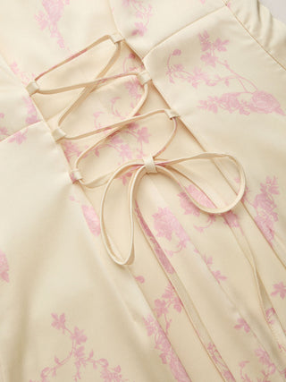 Satin V-neck Floral Lace Up Bell Sleeve Maxi Dress