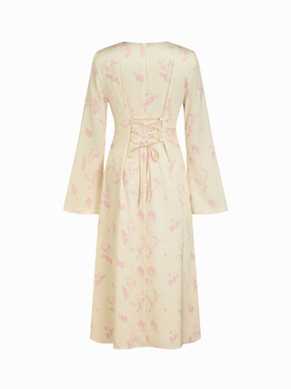 Satin V-neck Floral Lace Up Bell Sleeve Maxi Dress