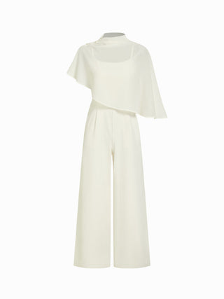 Stand Collar Asymmetrical Cloak Sleeve Mid Rise Wide Leg Jumpsuit