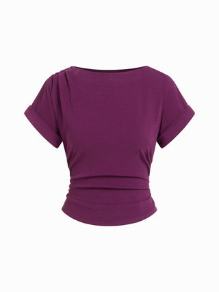 Cotton-blend Boat Neck Ruched Short Sleeve Tee