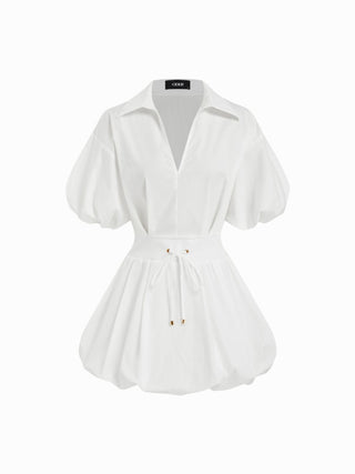 Cotton-blend Puff Sleeve Drawstring Bubble Hem Shirt Mini Dress
