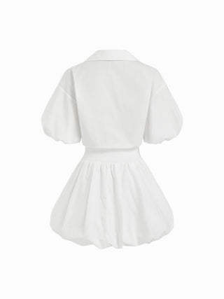 Cotton-blend Puff Sleeve Drawstring Bubble Hem Shirt Mini Dress