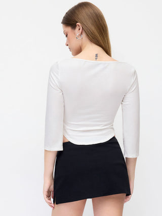 Knit Fabric Boat Neck Curved-Hem 3/4 Long Sleeve Tee