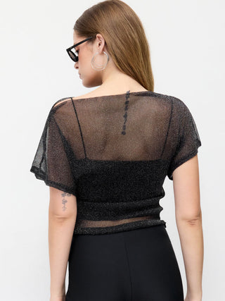 Metallic Mesh Textured Batwing Sleeve Lined Tee