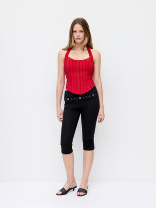 High Stretch Cotton-blend Low Rise Geometric Rhinestone Capri Pants