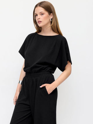 Cotton-blend Boat Neck Short Sleeve Mid Rise Jogger Jumpsuit