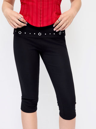 High Stretch Cotton-blend Low Rise Geometric Rhinestone Capri Pants