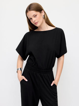 Cotton-blend Boat Neck Short Sleeve Mid Rise Jogger Jumpsuit