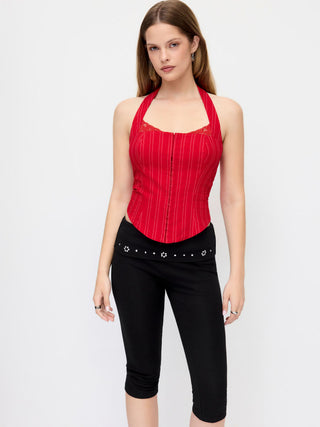 High Stretch Cotton-blend Low Rise Geometric Rhinestone Capri Pants