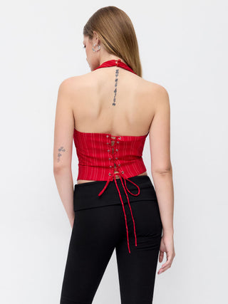 Striped Halter Neckline Lace Trim Corset Cami Blouse