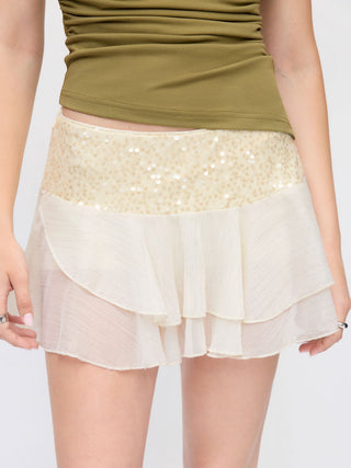 Satin Low Rise Sequin Textured Layered Ruffle Mini Skirt