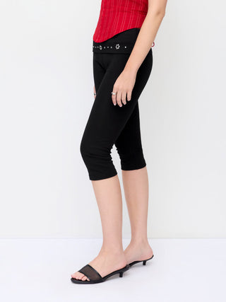 High Stretch Cotton-blend Low Rise Geometric Rhinestone Capri Pants