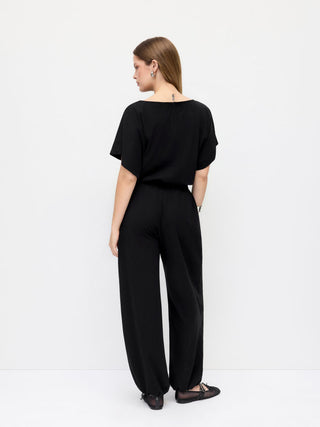 Cotton-blend Boat Neck Short Sleeve Mid Rise Jogger Jumpsuit