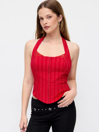 Striped Halter Neckline Lace Trim Corset Cami Blouse