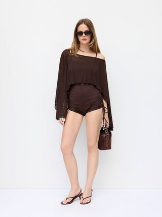 Textured Boat Neck High Rise Drawstring Slim Romper With Scarf