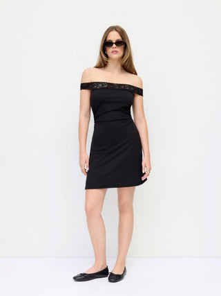 Textured Off-shoulder Lace Panel Ruched A-line Mini Dress