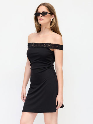 Textured Off-shoulder Lace Panel Ruched A-line Mini Dress