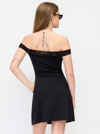 Textured Off-shoulder Lace Panel Ruched A-line Mini Dress