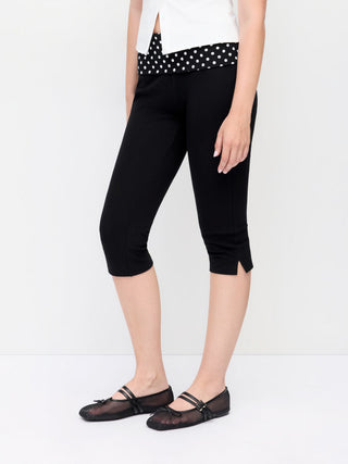 Cotton-blend Low Rise Polka Dot Fold Over Tapered Capri Trousers