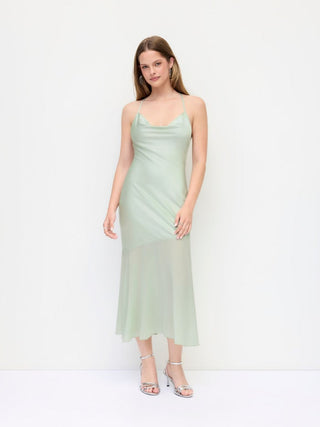 Satin Cowl Neck Ruched Criss Cross Mermaid Maxi Dress