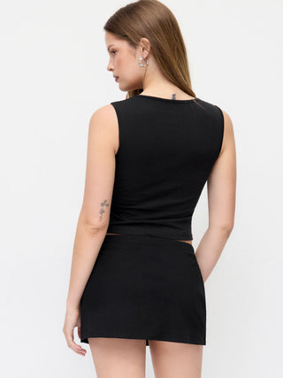 Cotton-blend Square Neck Ruched Lace Trim Crop Tank Top