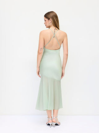 Satin Cowl Neck Ruched Criss Cross Mermaid Maxi Dress