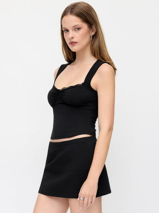Cotton-blend Square Neck Ruched Lace Trim Crop Tank Top