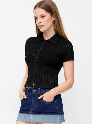 Hollow Out Short Sleeve Button Up Polo Knit Top