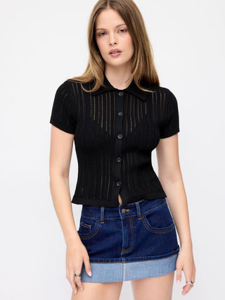 Hollow Out Short Sleeve Button Up Polo Knit Top