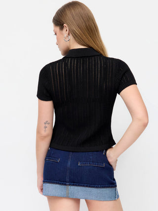 Hollow Out Short Sleeve Button Up Polo Knit Top