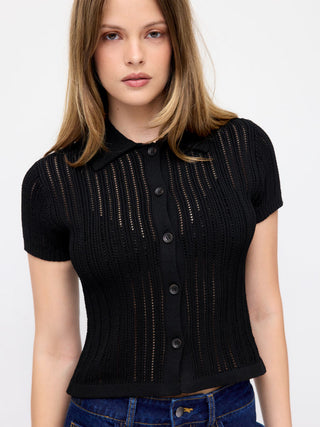 Hollow Out Short Sleeve Button Up Polo Knit Top