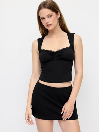 Cotton-blend Square Neck Ruched Lace Trim Crop Tank Top