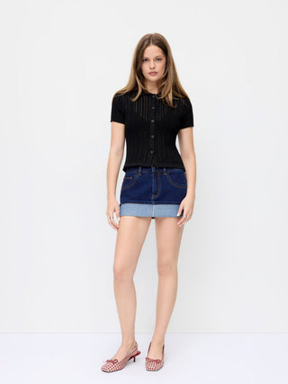 Hollow Out Short Sleeve Button Up Polo Knit Top