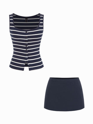 Cotton-blend Stripe Scoop Neck Tank Top & Low Rise Mini Skirt Set