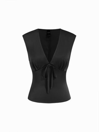 Satin V-Neck Ruched Bowknot Tank Blouse