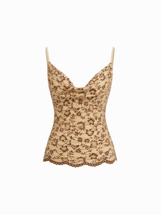 Lace Cowl Neck Ruffled Backless Cami Top With Chain