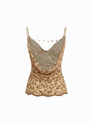 Lace Cowl Neck Ruffled Backless Cami Top With Chain