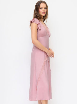 Satin V Neck Ruffle Sleeve Lace Maxi Dress