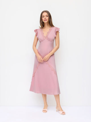 Satin V Neck Ruffle Sleeve Lace Maxi Dress