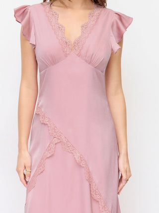 Satin V Neck Ruffle Sleeve Lace Maxi Dress