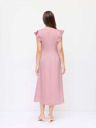 Satin V Neck Ruffle Sleeve Lace Maxi Dress