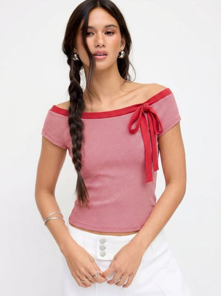 Striped Boat Neck Short Sleeve Bowknot Tee