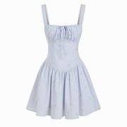 Cotton Striped Floral Square Neck Eyelet Ruched A-line Mini Dress
