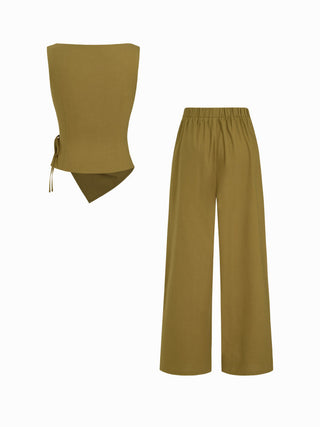 Linen-blend Boat Neck Knotted Top & Mid Rise Capri Straight Leg Trousers Set
