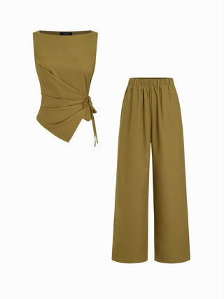 Linen-blend Boat Neck Knotted Top & Mid Rise Capri Straight Leg Trousers Set