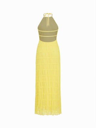 Chiffon Halter Neckline Sleeveless Ruched Straight Maxi Dress