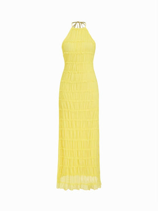 Chiffon Halter Neckline Sleeveless Ruched Straight Maxi Dress