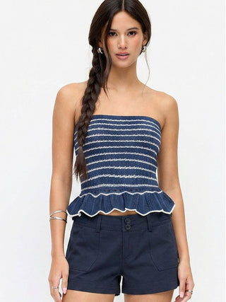 Cotton-blend Crochet Bandeau Knitted Scallop Hem Crop Top