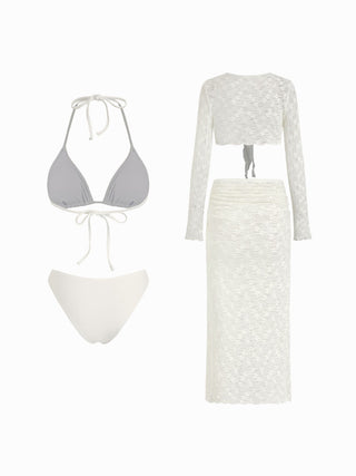 Halter Neckline Bikini Set with Lace Floral  Cover Up Set